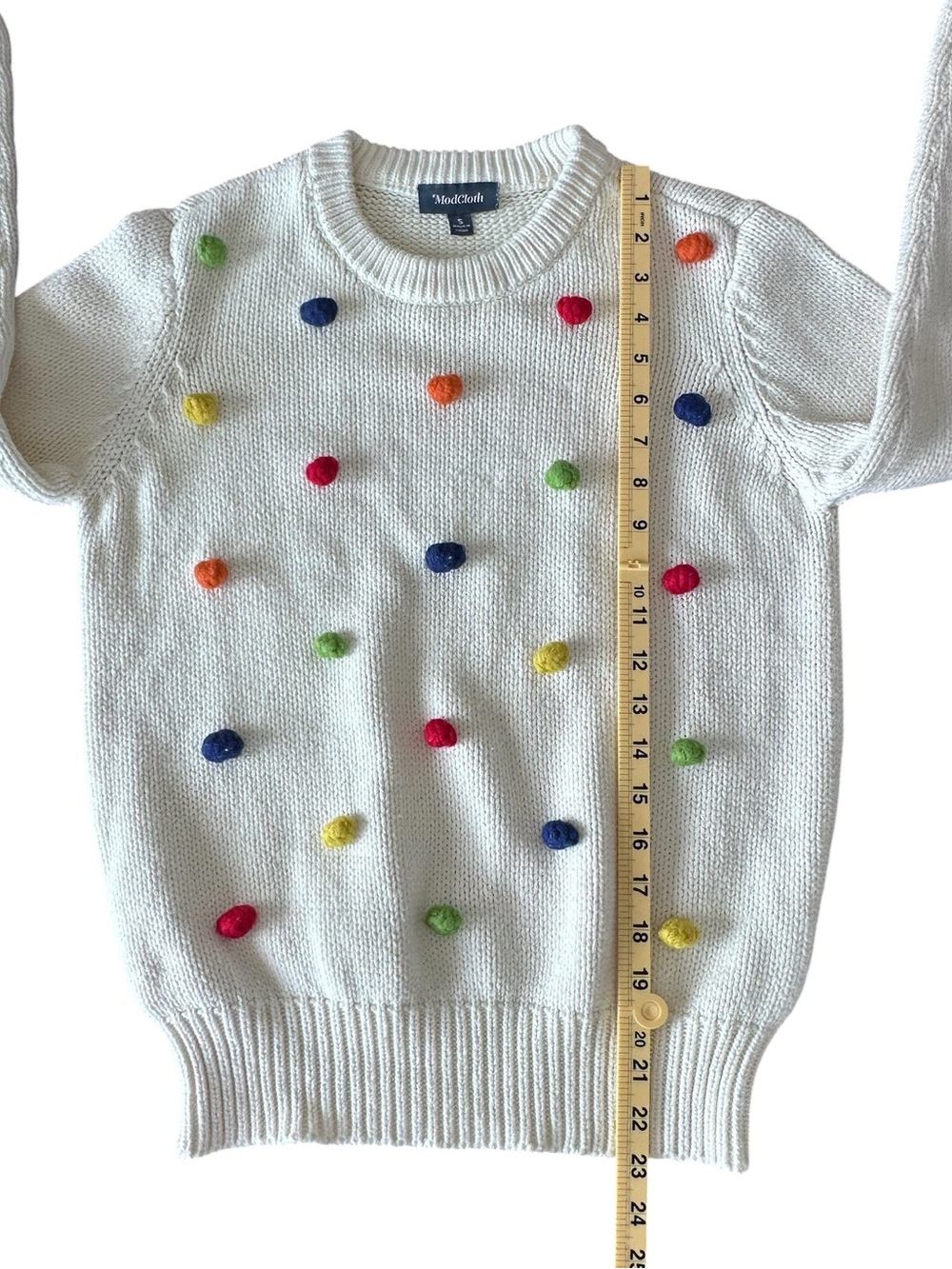 ModCloth Women’s Blowing Bubbles Cream Multi Pom Pom Crew Neck Sweater Small - Picture 7 of 8